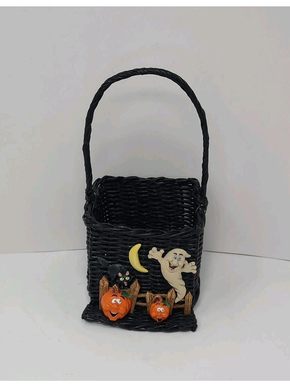 Vtg FTD Halloween Basket Black Wicker Jack O'Lanterns Pumpkins Ghost Black Cat